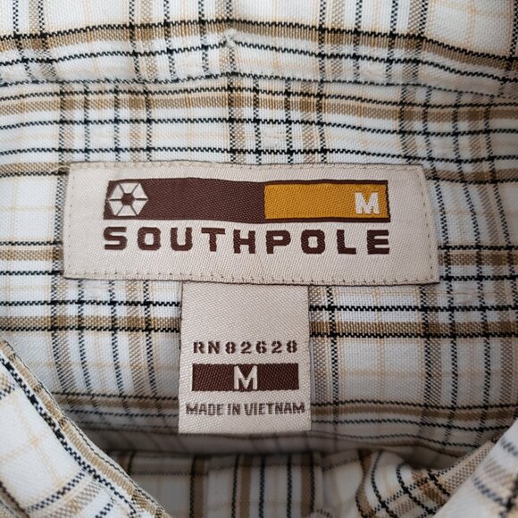 Y2K VINTAGE Southpole Mens Button Up Tan Plaid Short Sleeve Shirt Medium Preownd - Picture 8 of 9